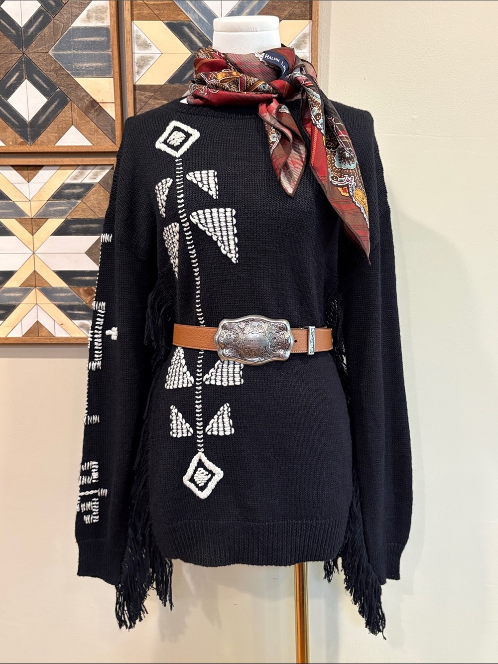 Ralph Lauren Collection Southwestern Tribal Aztec Fringe Knit Sweater size Small